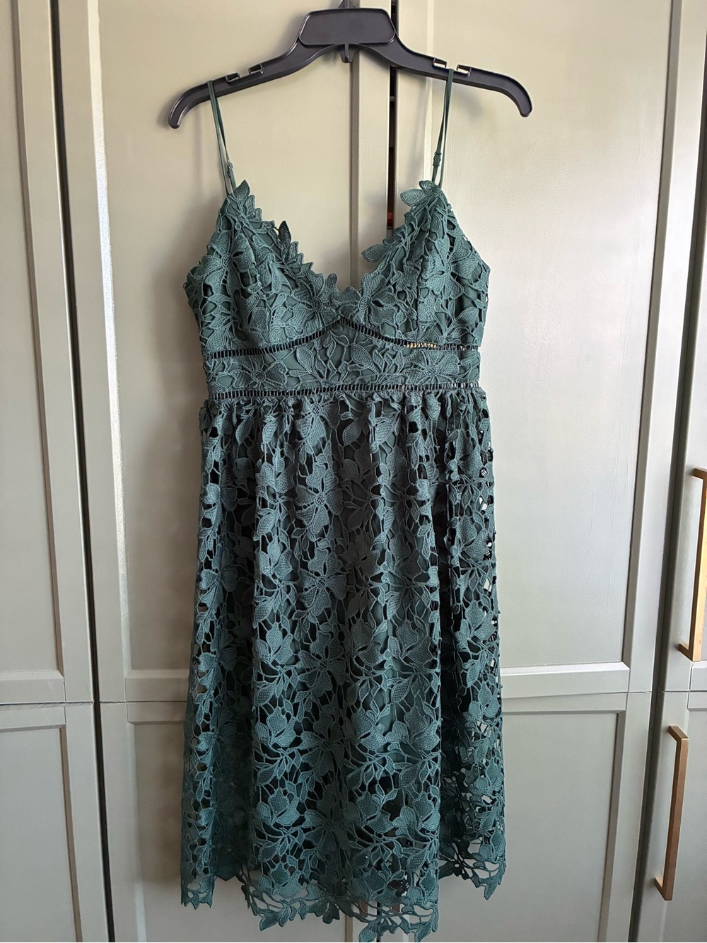 Bardot Teal Green Lace Midi Dress with Spaghetti Straps